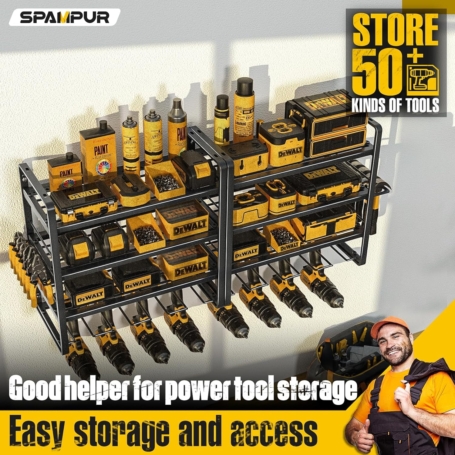 Power Tool Organizer, 8 Drill Holder Wall Mount, Storage Rack for Garage Organization, Heavy Duty Tool Racks and Battery Shelf, Tools Shelves with Charging Station - Metal - Large - 2 pack