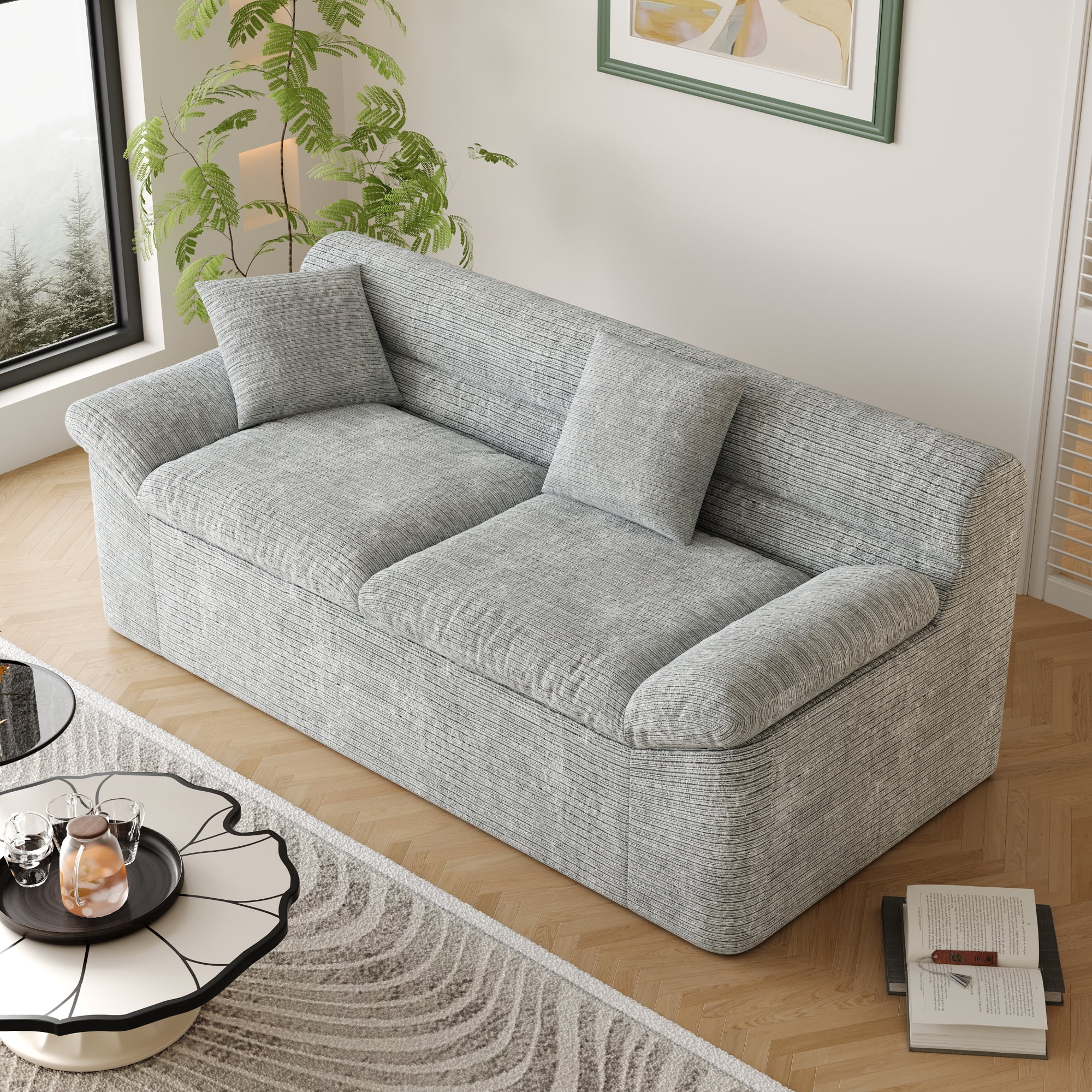 HOQBN 71" Boneless Couch for Living Room,Upholstered Chenille Sofa with Deep Seat Design and 2 Pillows,Comfy Cloud Couch for Bedroom, Office, Apartment, No Assembly,Light Gray
