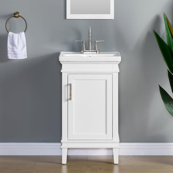 Elmington 20" Single Bathroom Vanity Cabinet with Porcelain Top & Sink. 20" W x 16" D x 34.5鈥楬. Swan White Finish. MDF. Pre-Assembleb. 1 Soft-Closing Door. Adjustable Feet.