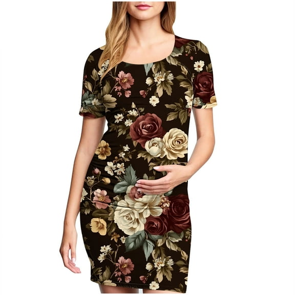 breaise Solid Color & Floral Side Ruch Maternity Dress Crew Neck Bodycon Dress Short Sleeve Baby Shower Dress Casual Lounge Pregnancy Dress Daily Wear