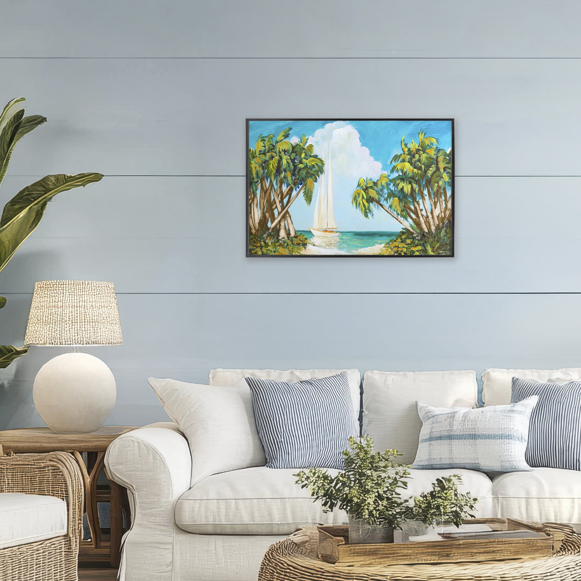 Stupell Industries Sailboat Among Palms Black Framed Giclee Art, design by Dan Meneely