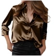 thumbnail image 3 of QATAINLAV Womens Satin Silk Blouse Button Down 3/4 Sleeve Collared Silky Shirt with Pockets Business Casual Work Tops, Brown, XXL, 3 of 9
