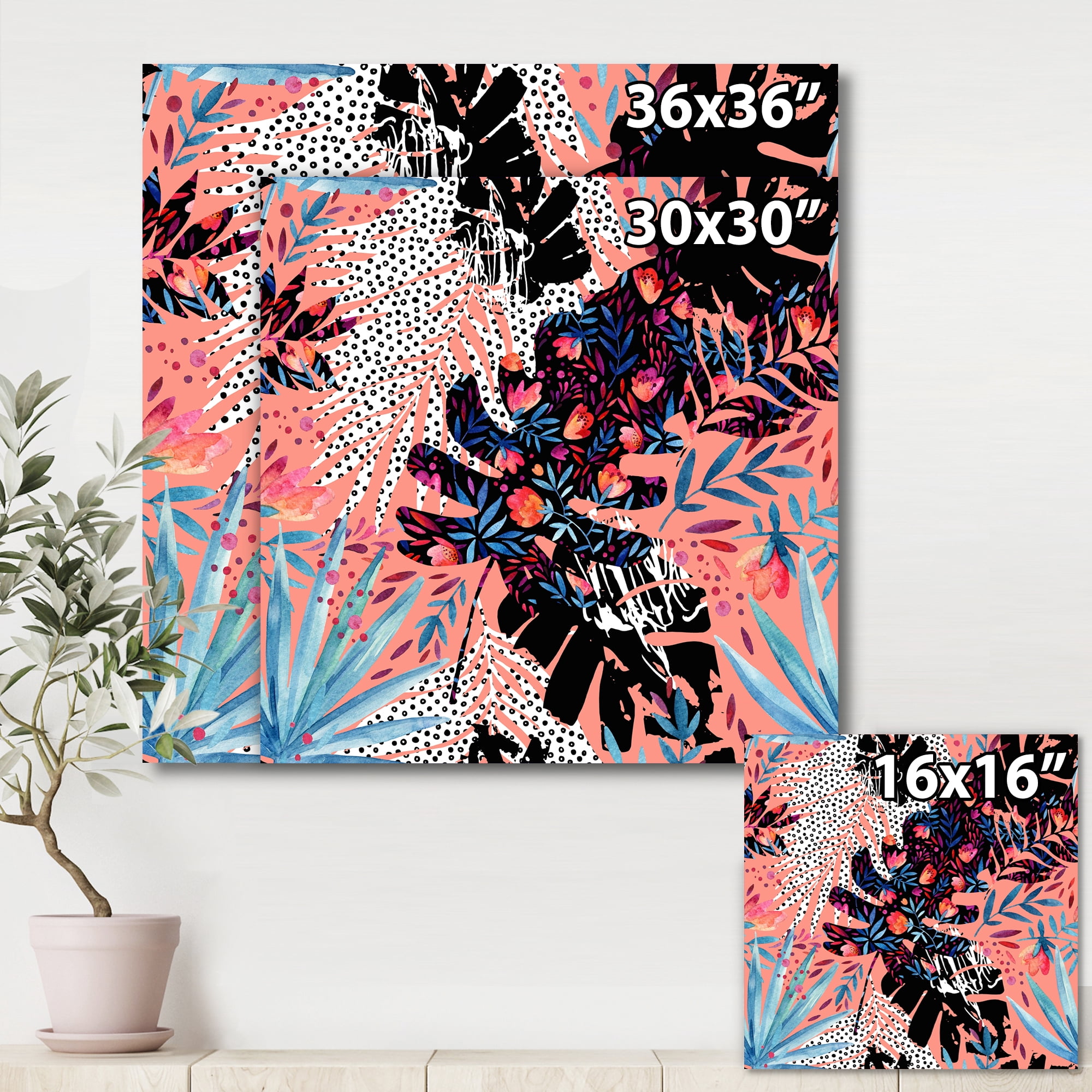 Designart ' Abstract Tropical Floral Patchwork II ' Tropical Canvas Wall Art Print