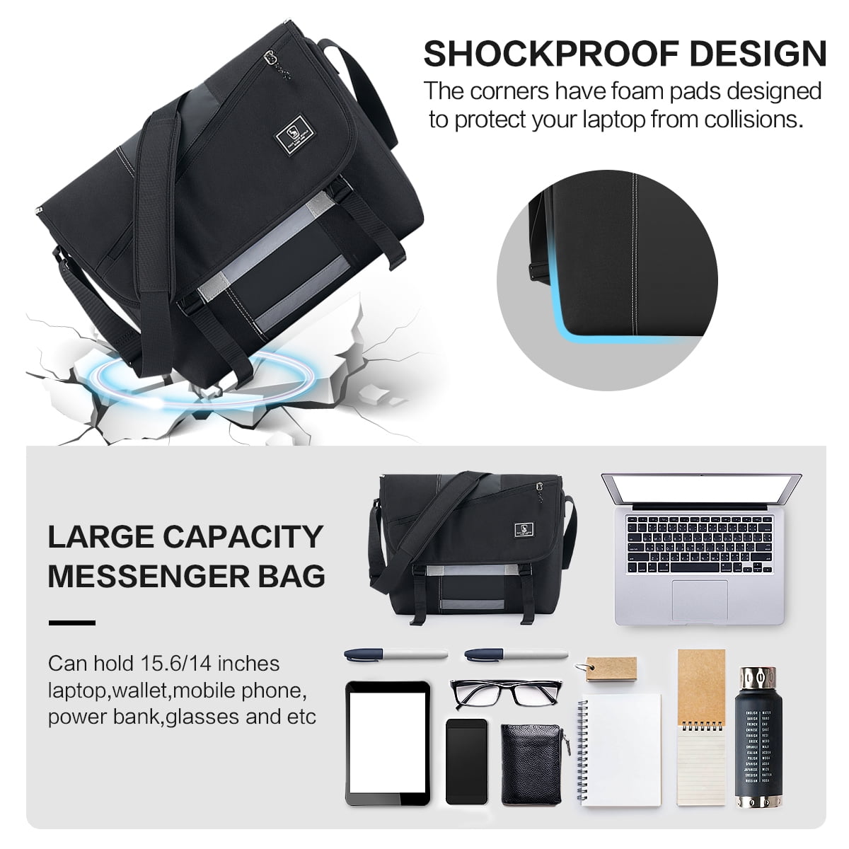 OIWAS 17 inch Casual Messenger Briefcase for Men Women, Large Computer Shoulder Bag with Padded Compartment, Black