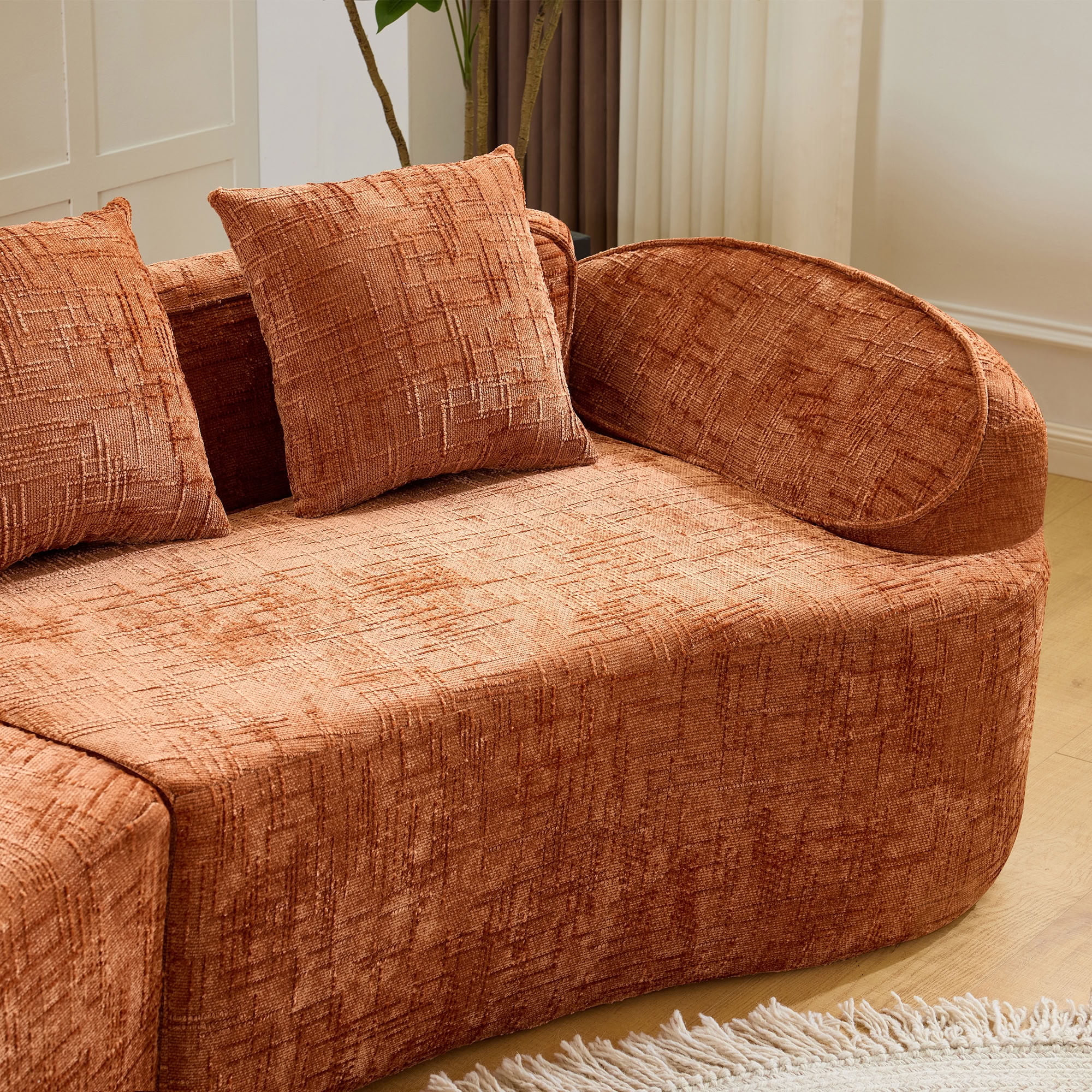 MAYEERTY 4-Seat Curved Compressed Sectional Sofa, Upholstered Cloud Modular Couch with Throw Pillows, No Assembly for Living Room Apartment Small Spaces