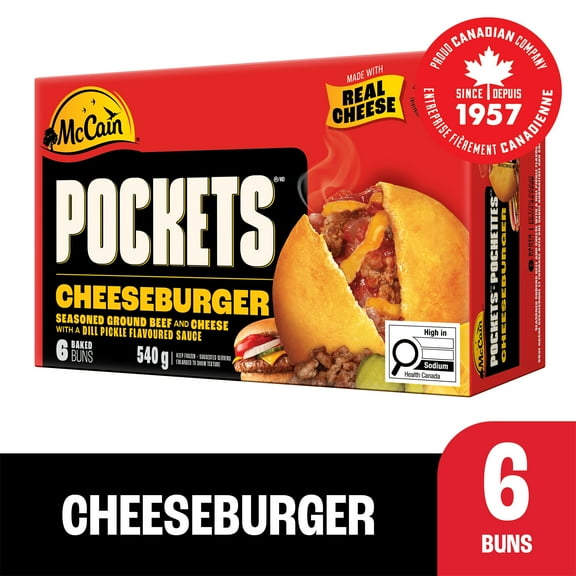 McCain Pockets® Cheeseburger, 6 pack, Made in Canada from Domestic and Imported Ingredients, 6 x 90g