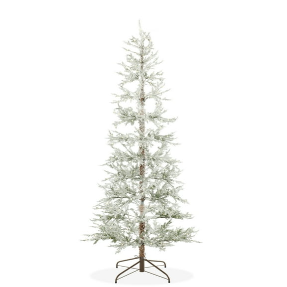 6.5FT Pre-Lit Sparse Flocked Pine Artificial Holiday Christmas Tree, Warm White and Multicolor LED Lights with Sturdy Metal Stand
