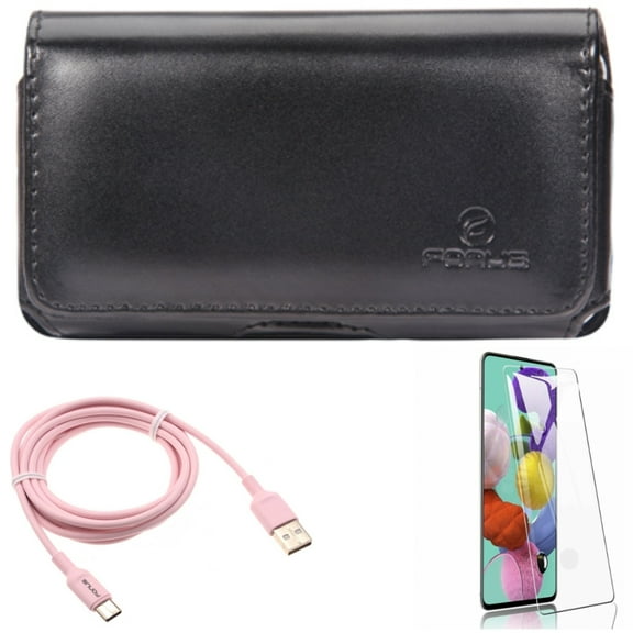 Screen Protector w Case Belt Clip w 6ft USB-C Cable for Samsung Galaxy S20 - Tempered Glass [Fingerprint Unlock], Leather Swivel, Pink Charger Cord Q7K fits Samsung Galaxy S20 Model