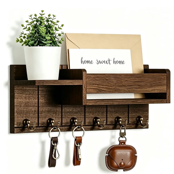 FORICOM Mail Organizer Wall Mount, Rustic Wood Key Holder with Shelf and Hooks, Entryway Letter Holder, Farmhouse Hallway Decor, 12 x 4.7 x 3.1 Inches, Brown, Flush Mount Hardware Included