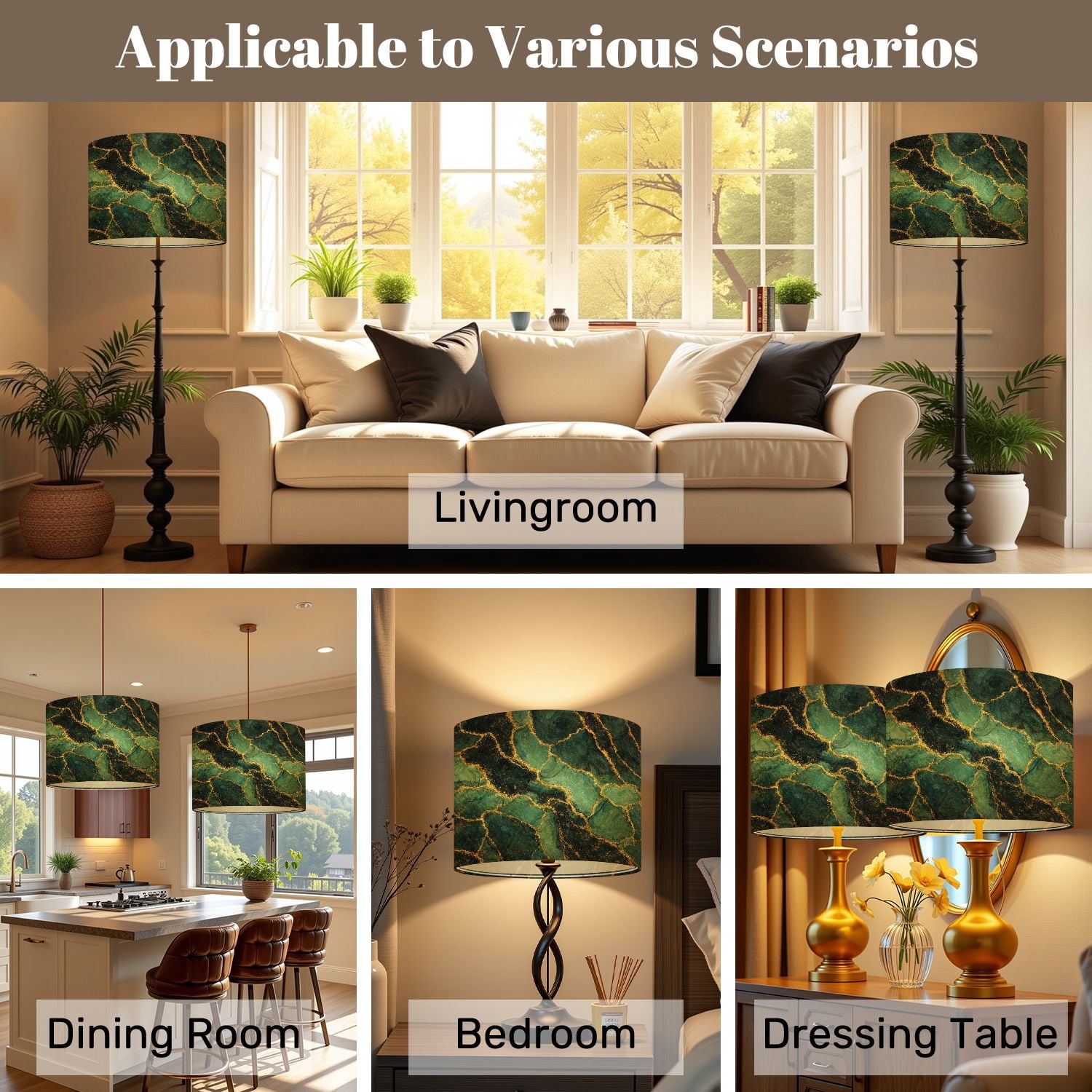 Lampshades 2 Pack green emerald shine bright gold marble texture 13"x13"x10" Light Shade for Table Lamps Floor Lamp Shades Lampshade Replacement Easy Assembly
