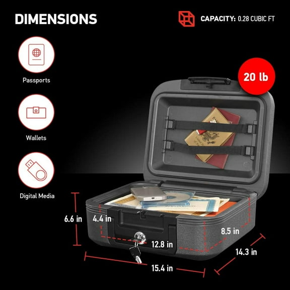 Fireproof and Waterproof Safe Box with Lock, Portable Chest for Documents, 0.28 Cubic Feet