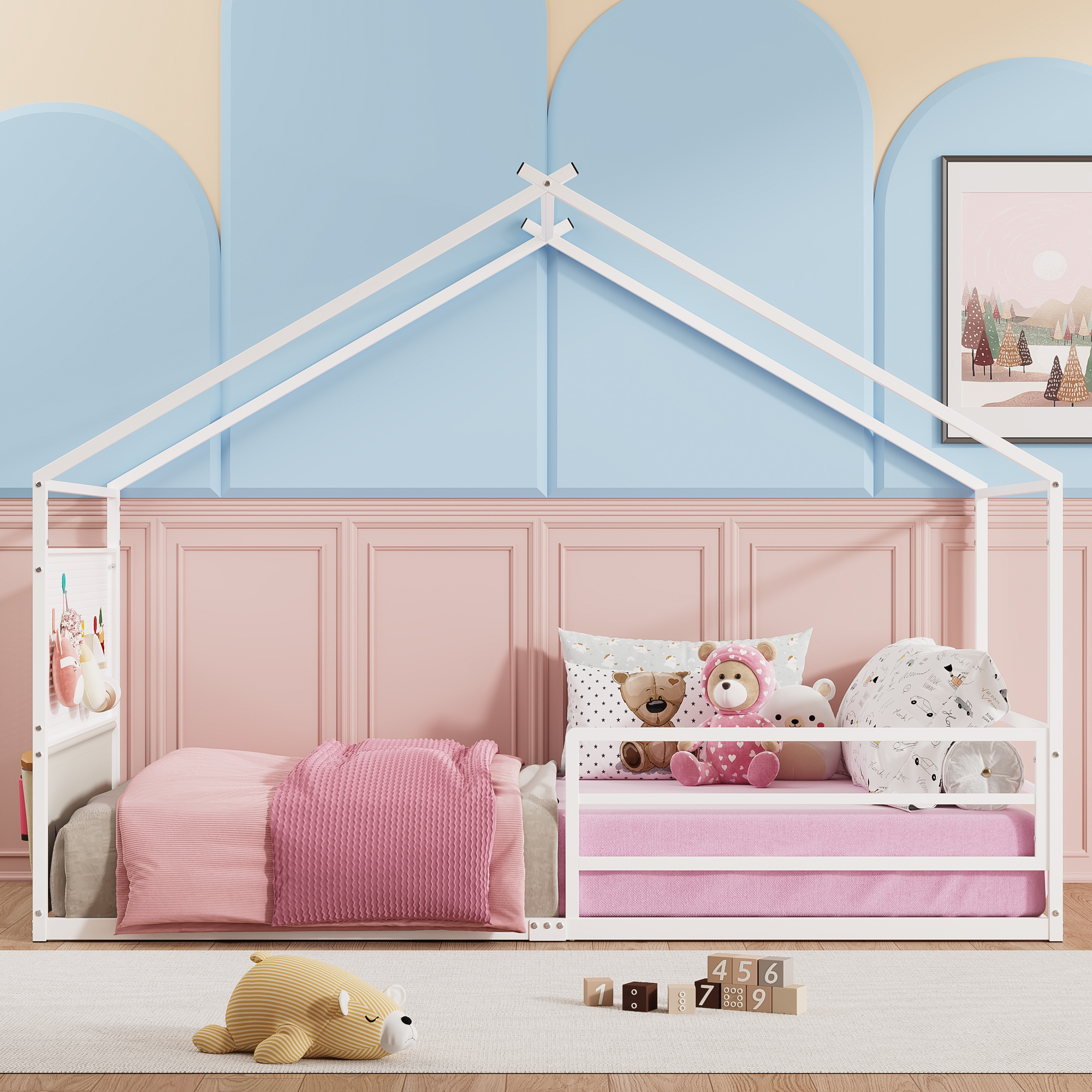 Yoneston Twin Floor Montessori Bed with Storage Caddy & Pegboard, House Shape Metal Floor Bed with Guardrails for Toddlers Kids Boys Girls, White
