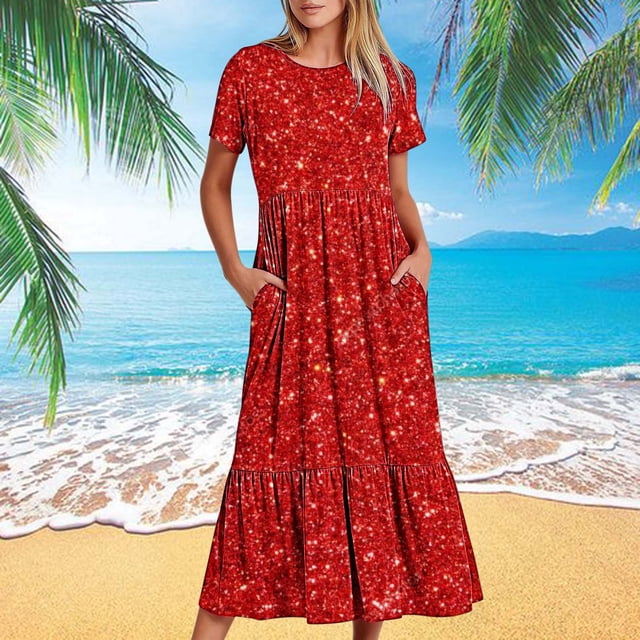 Robes pour Femmes 2024 Été Oversize Décontractée Manches Courtes Col Rond Robe Fluide à Étages Maxi Robe de Plage avec Poches Imprimé Brillant 50 % de Réduction!