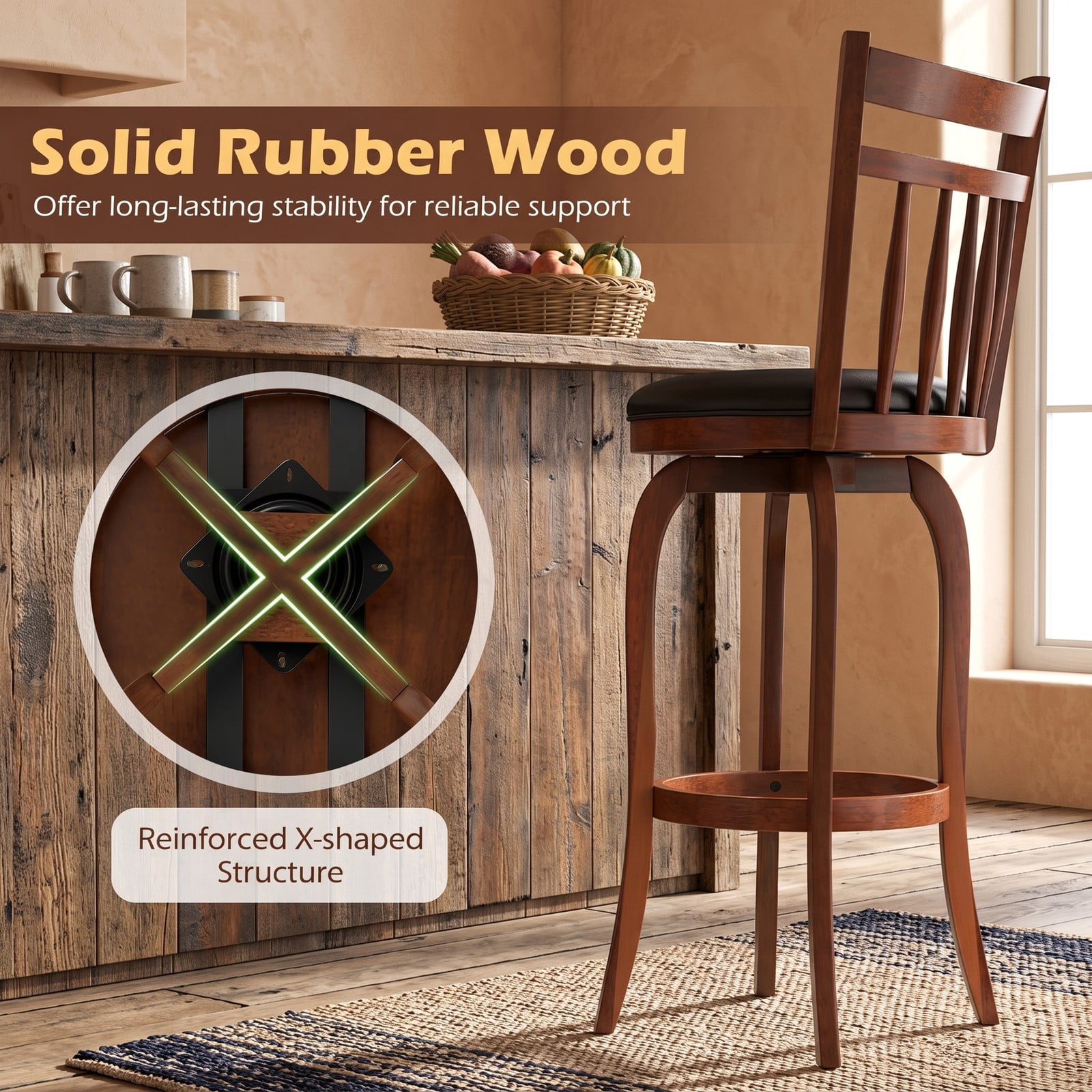 Furnibear Swivel Bar Stools Set of 2, 24 Inch Counter Height Faux Leather Upholstered Barstools with Curved Backrest and Footrest for Kitchen, Espresso and Black