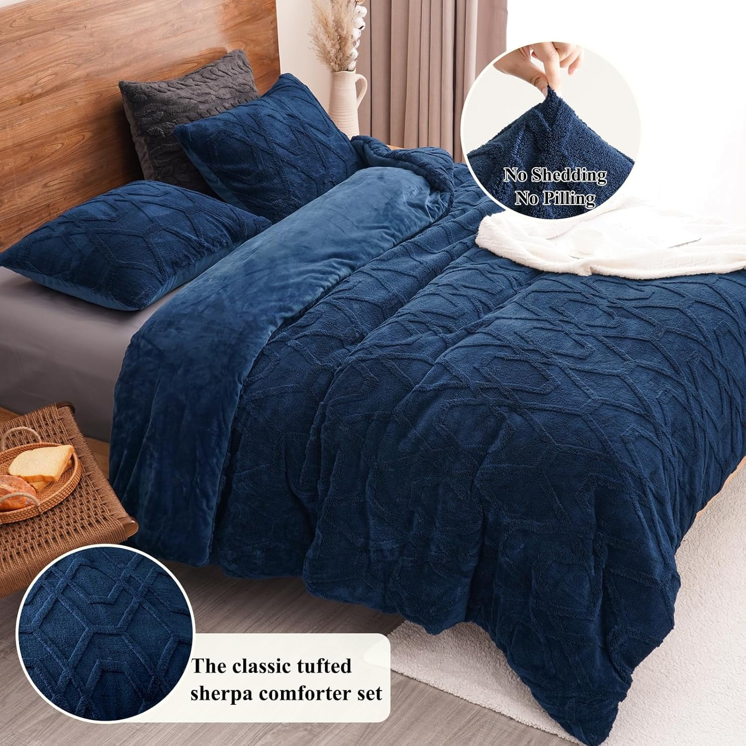 PHF Warm Sherpa Fleece King Comforter Set, 3D Tufted Fluffy Navy Blue Bedding for Winter, Soft 2 Pieces Shaggy Bed Set, 1 Comforter (104"x90") and 2 Pillowcases (20"x36")
