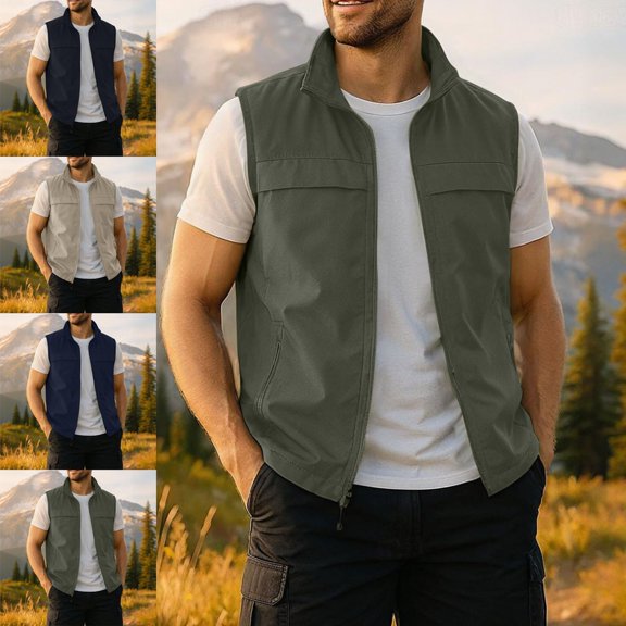 Zysthvn Light Jackets for Men Casual Outdoor Athletic Fall Full Zip Mens Vest Mesh Lapel Solid with Pockets Jackets, Black L