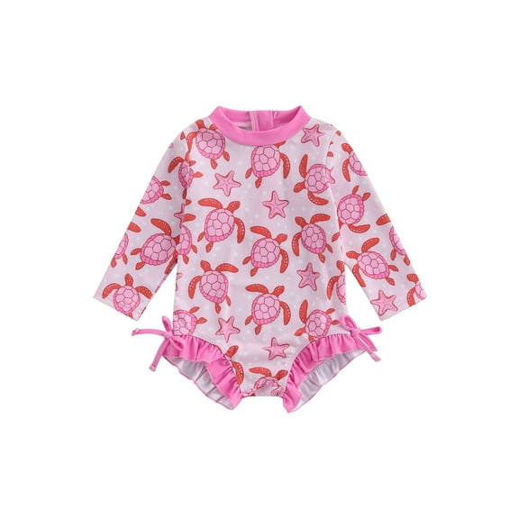 Toddler Kids Girls Rash Guard Swimsuit Rompers 3 6 12 18 24 Months 2T 3T 4T 5T Long Sleeve Turtle Print Baby Ruffles Bathing Suit Swimwear