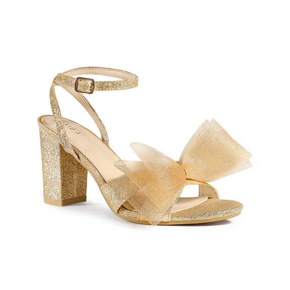 Perphy Glitter Heel Mesh Bow Chunky High Heel Sandal for Women