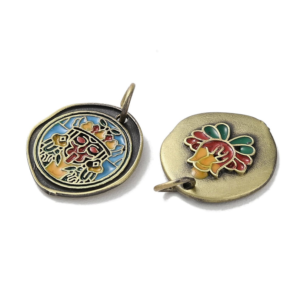 20pc Brass Enamel Pendants with Jump Ring Cadmium Free & Lead Free Flat Round with Zakiram Charm Bronze 17x15.5x1.5mm Hole: 4mm
