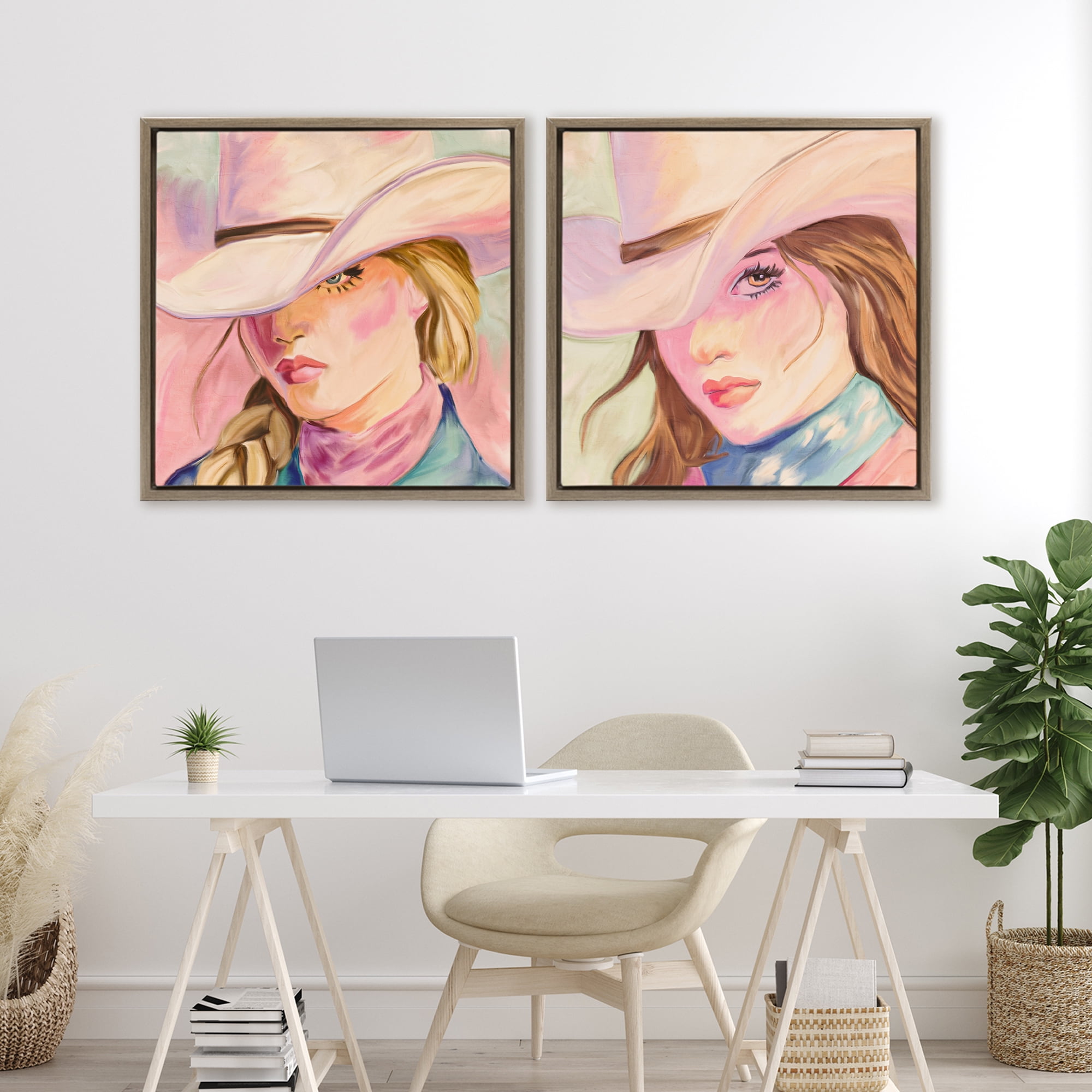 Pastel Cowgirls Gazing 2 Piece Brown Framed Floater Canvas Set, design by Kim Allen