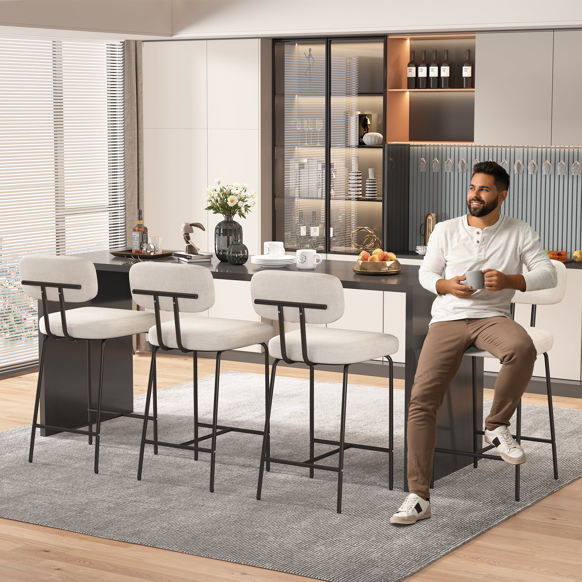 Genpo Counter Height Bar Stools Set of 2, 26" White Fabric Kitchen Counter Stools with Backs, Metal Legs, Footrest and Wide Seat, Bar Chairs for Kitchen Island