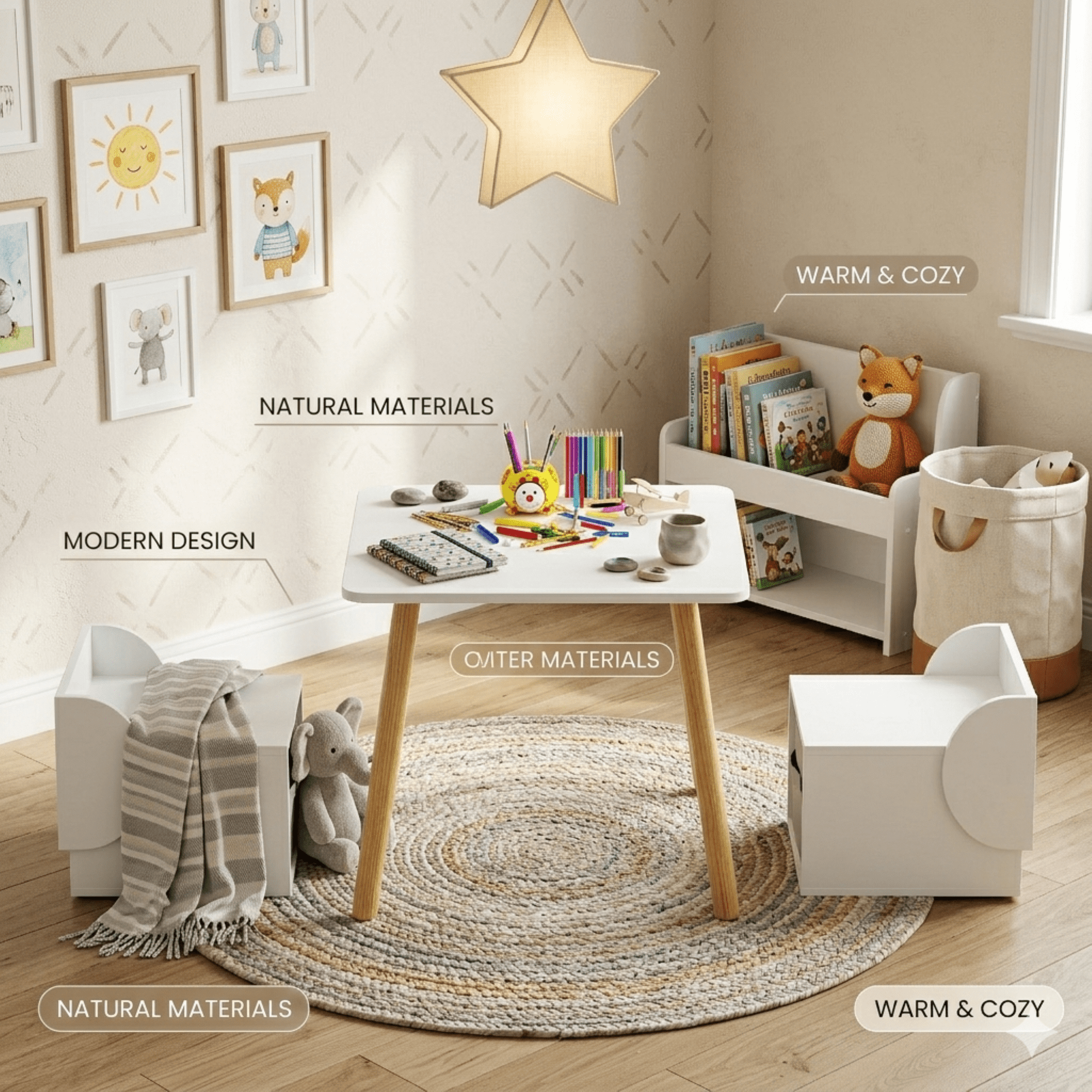 Mintazer 3-Piece Toddler Activity Table Set, Wood Kids Table & 2 Chair with Storage Bins for Playroom and Bedroom, White