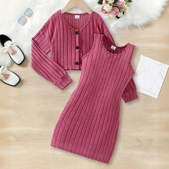 Tfken Outfits Sets For Child Girls Size 9-10 Years Long Sleeve Solid Color Sweater Dress Outdoor Outdoor Red Clothing Set