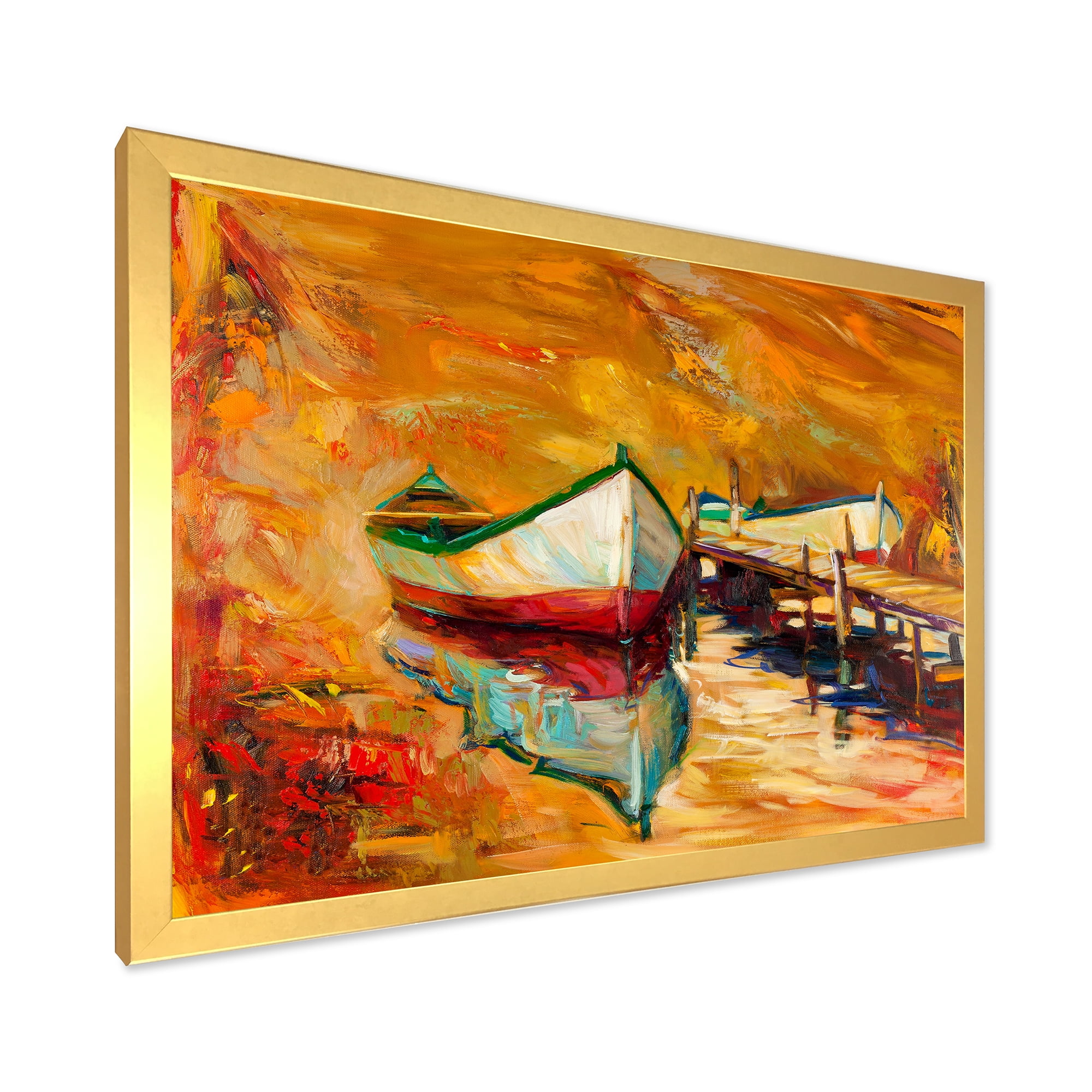 Designart 'Red and White Boats By The Pier' Nautical & Coastal Framed Art Print
