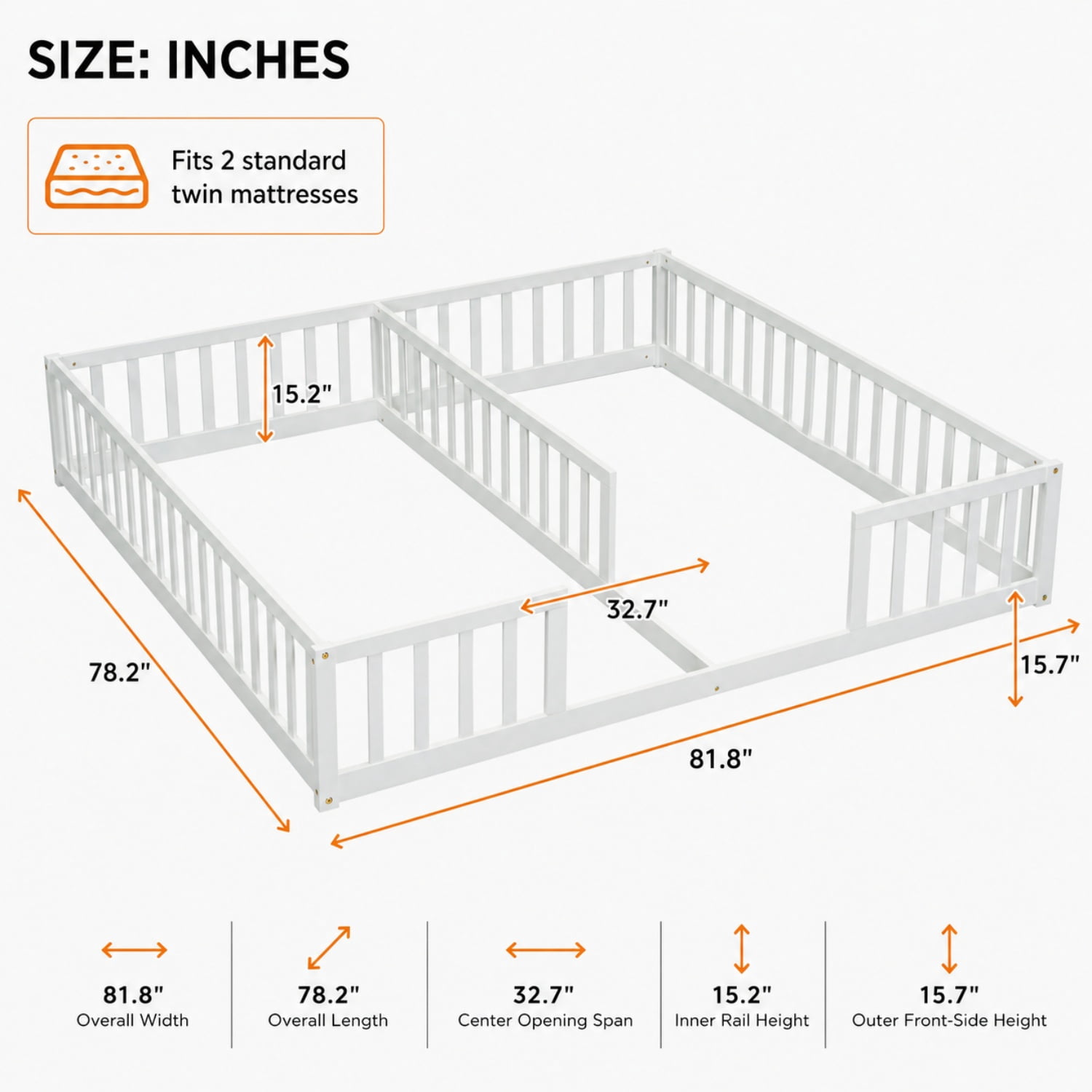 Miniyam Double Twin Floor Bed for Kids, Wood Bed Frame with Guardrails, Low Profile Design, White