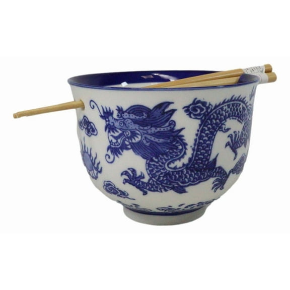 Blue White Oriental Dragon King Ceramic Donburi Ramen Bowl With Chopsticks Set
