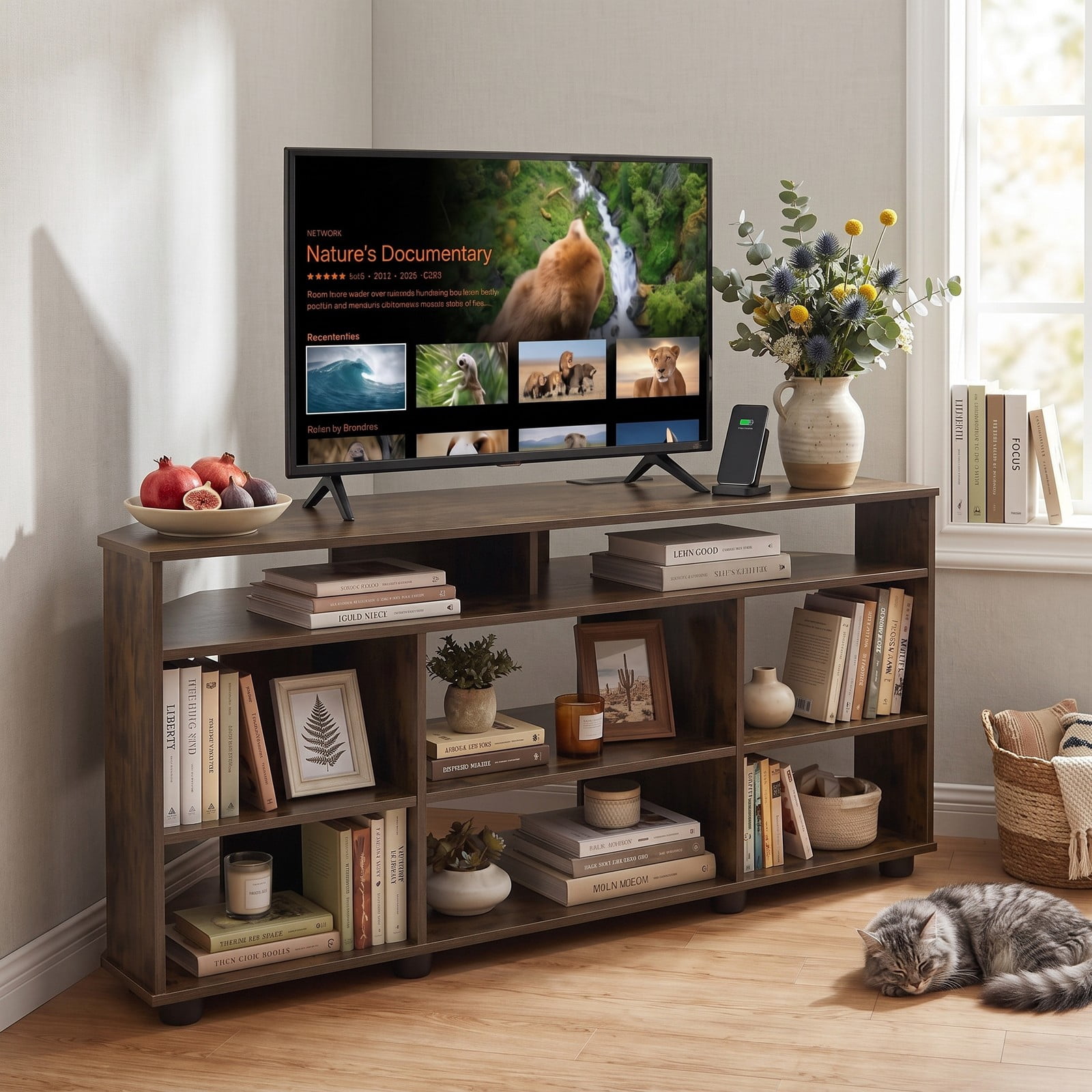 Furnibear Corner TV Stand for TVs up to 55 Inch, Entertainment Center with Charging Station, 3 Adjustable Shelves, Wood Media Console Side Cabinet for, Rustic Brown