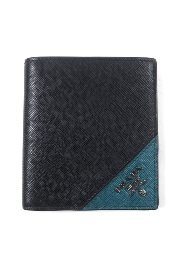 Pre-Owned PRADA 2MO004 Saffiano Leather Two-Tone Compact Wallet with Logo Hardware,...
