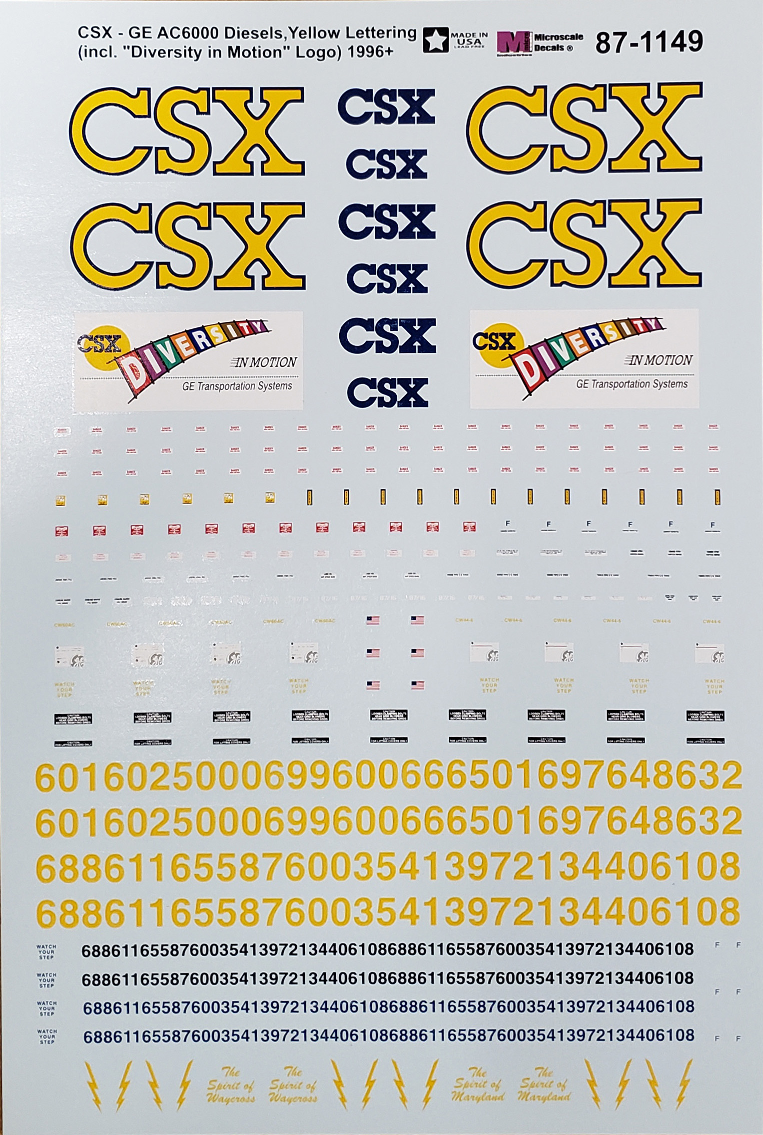 Microscale Model Railroad/Train Decals HO Scale CSX AC6000CW Diesels