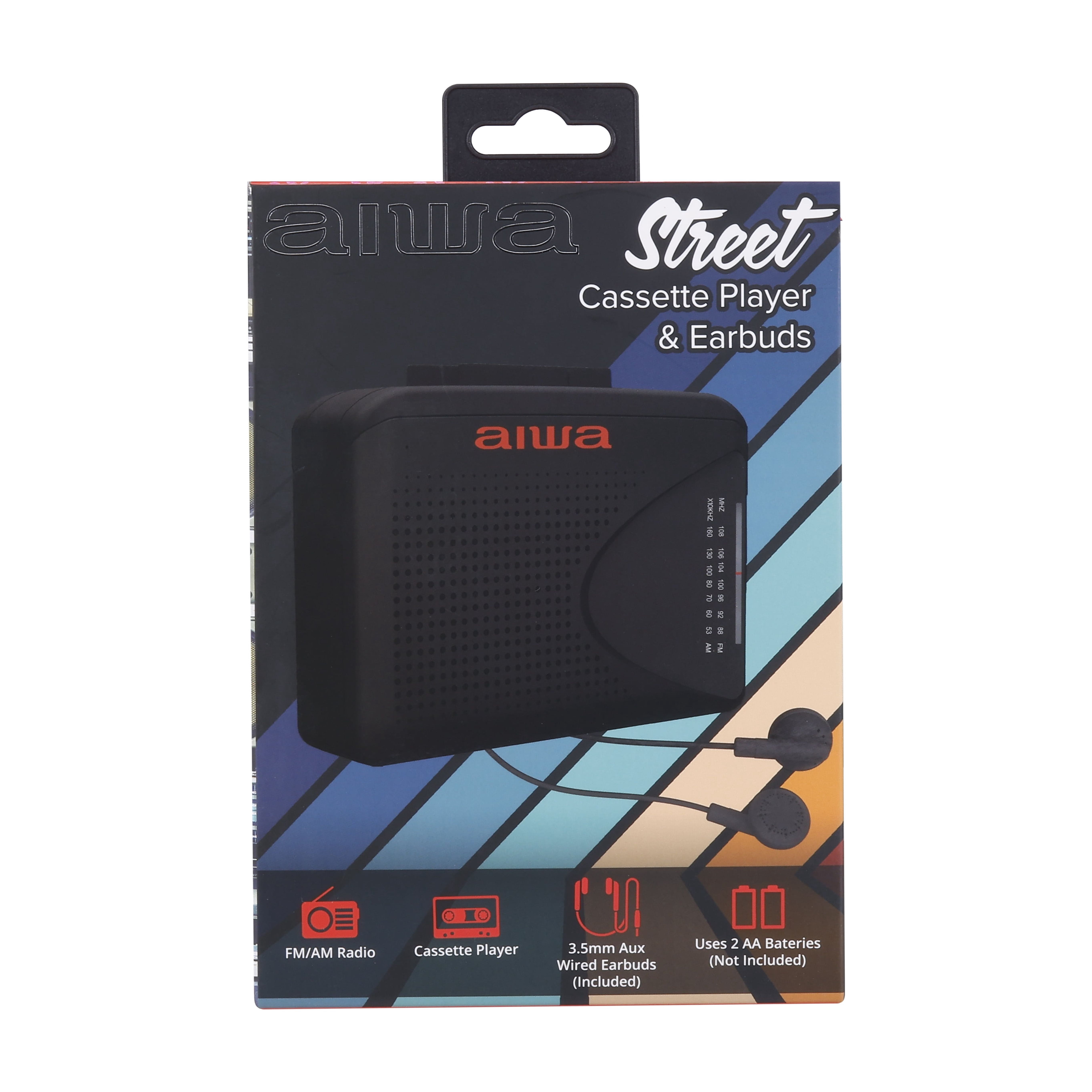 Aiwa Street Cassette Player & Earbuds with FM/AM Radio – Portable Tape Player, Includes Wired Earbuds, Compact Design, Uses 2 AA Batteries (Not Included), Retro Audio Player for Music Lovers