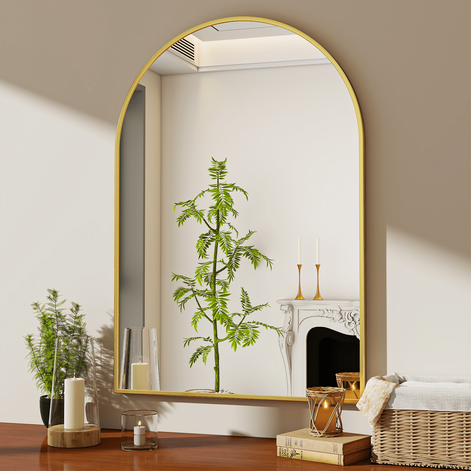 GRAHMCY 36"x24" Arched Bathroom Mirror Wall Mirror With Aluminum Alloy Frame, Gold