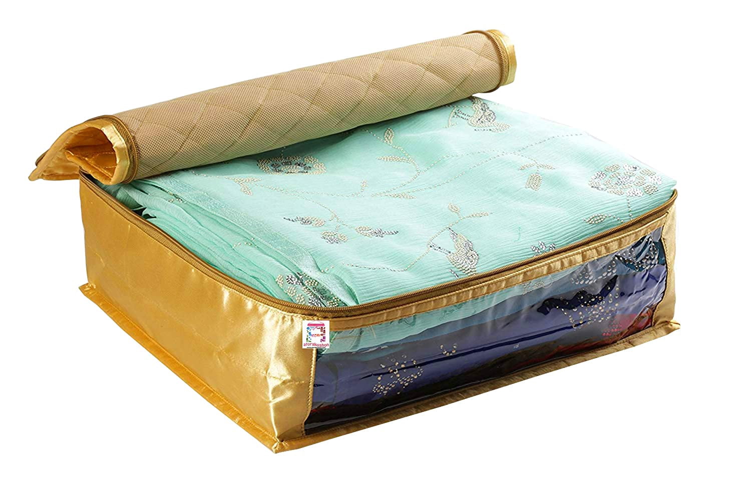 atorakushon Fabric Satin Foldable Saree Covers Cloth Garments Storage Bag Wardrobe Organizers with Strong Zippers & Transparent Window Pack of 6 Gold