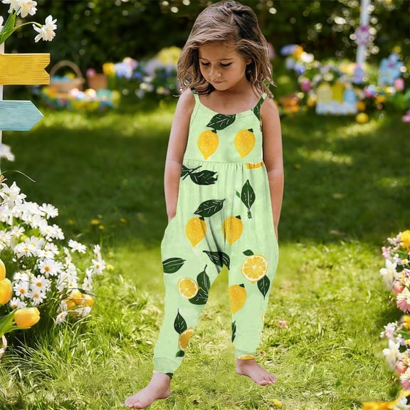 YTCAMLO Baby Girls Cute Jumpsuit Casual Printed One Piece Romper Pants with Pockets Loose Fit Playsuit Breathable Summer Outfits, Green 2-3 Years