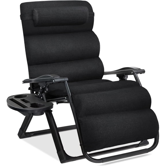 Wubio Oversized Zero Gravity Chair, Folding Outdoor Patio Recliner, XL Anti Gravity Lounger w/Removable Cushion, Cup Holder, Side Tray, 350lb Capacity - Onyx Black