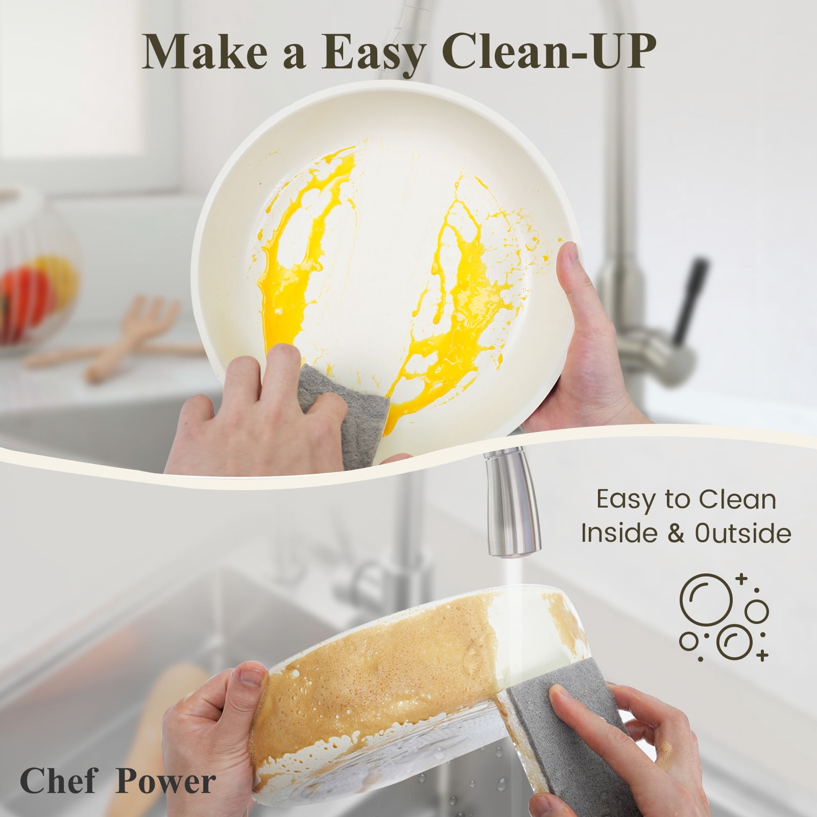 Chef Power 5pcs Pots and Pans Set, Nonstick Cookware Set, Ceramic Pan, Detachable Handle, RV Cookware Set, Induction Pan, Dishwasher, Oven Safe, Cream White