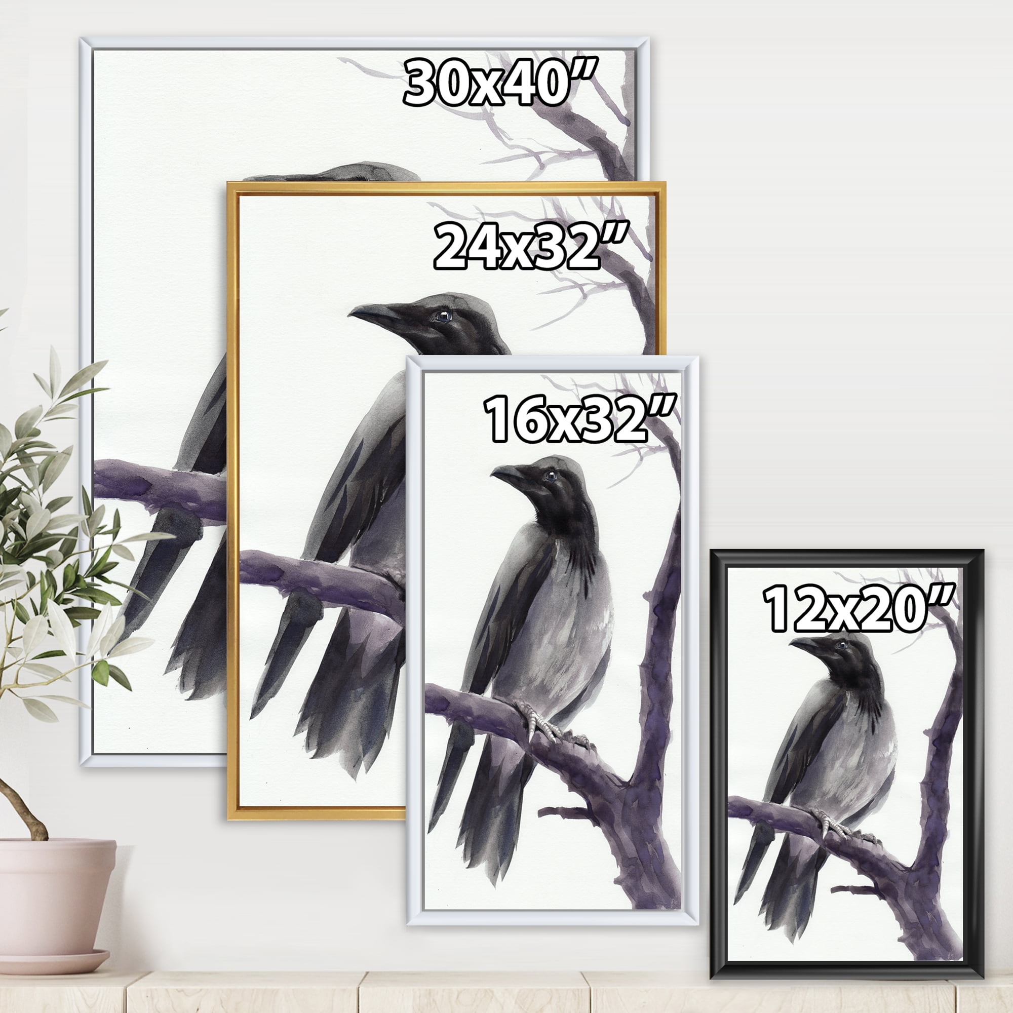 Designart 'Big Crow Sitting On A Branch' Traditional Framed Canvas Wall Art Print