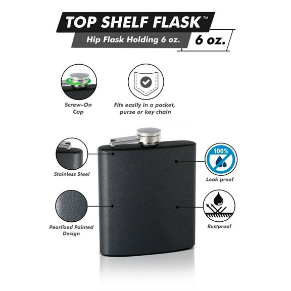 Top Shelf Flasks Pearlized Painted Hip Flask Assorted Colors, 6oz, Black