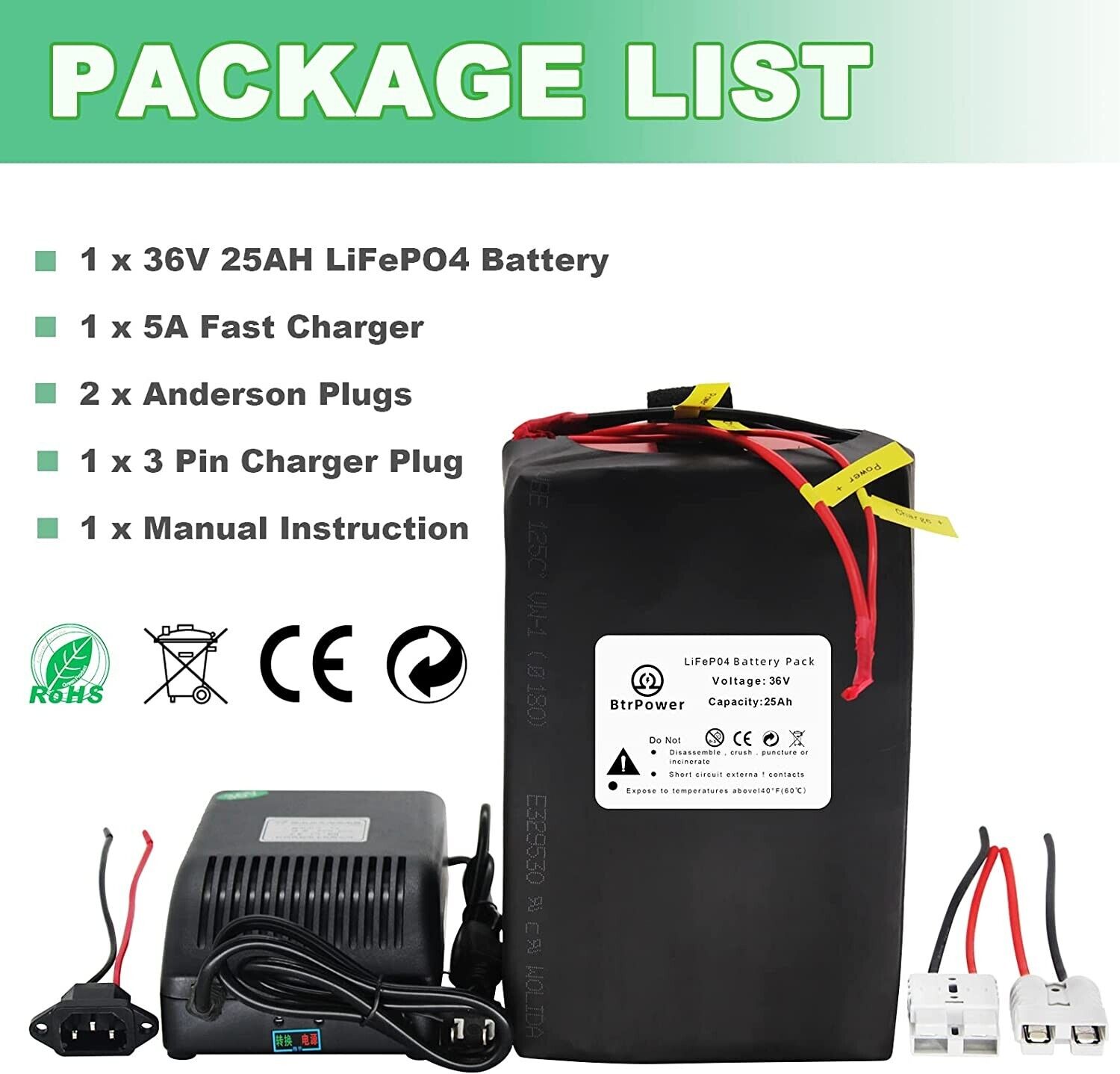 Btrpower 36V 25Ah Ebike Battery Pack Lithium LiFePO4 for Scooter Electric Bike 30A BMS