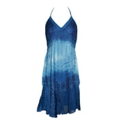 Mogul Womens Dress Halter Blue Tie-Dye Embroidered Peasant Evening Dresses