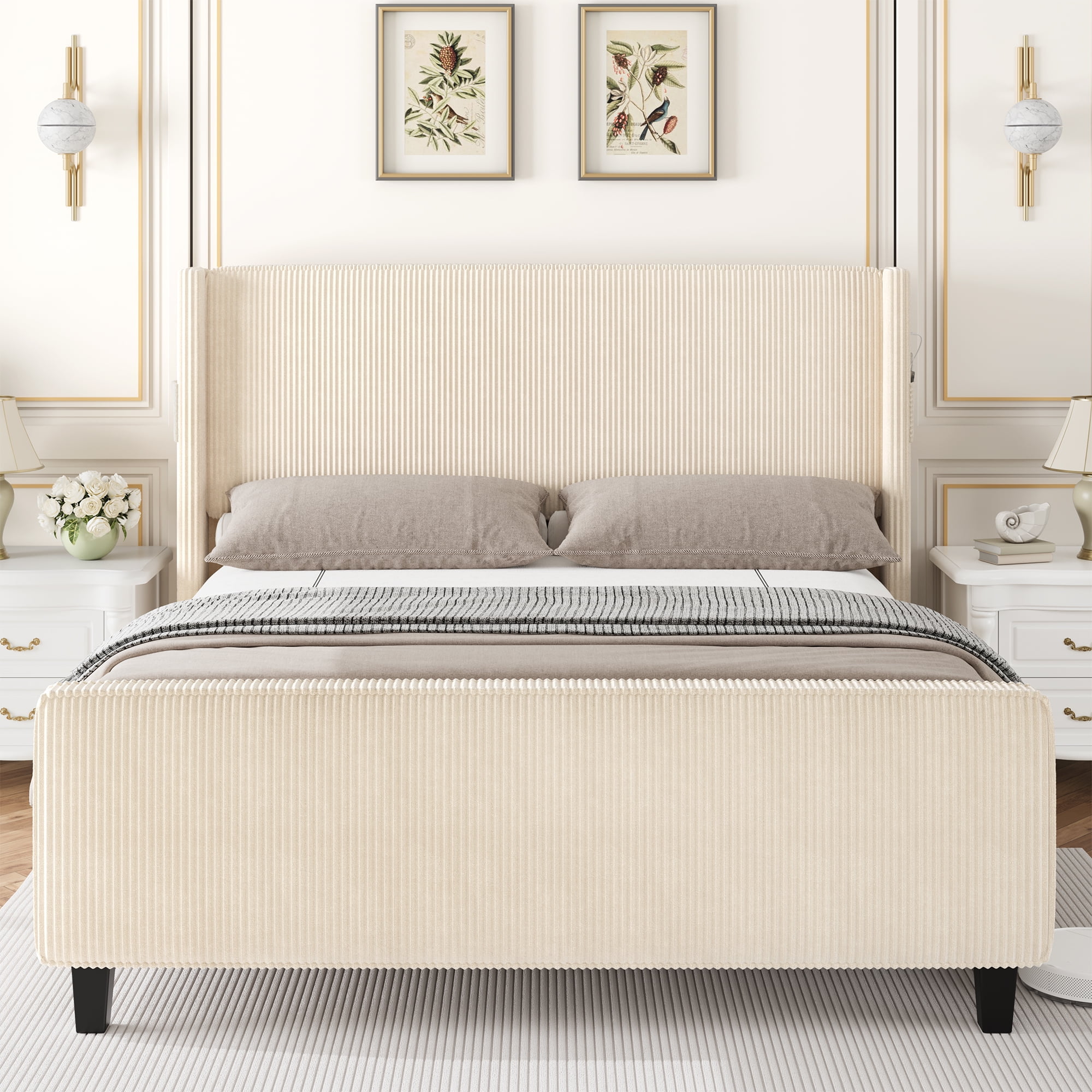 Miniyam Queen Size Upholstered Bed with Wingback Headboard, USB Charging Station for Adult, Beige