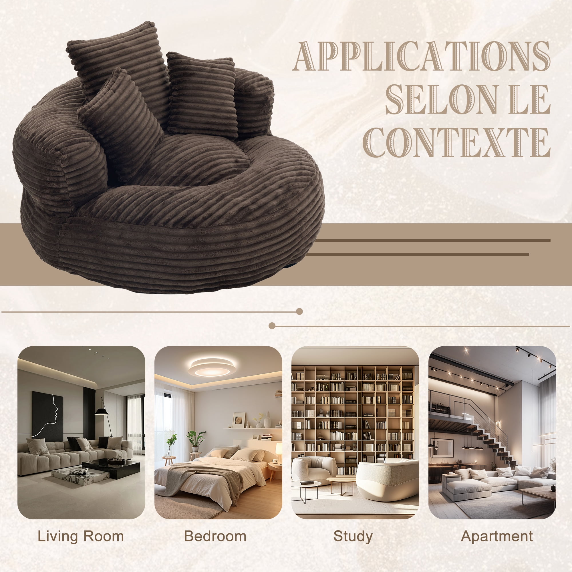 Aukfa 42.5"W Oversized Round Chaise Lounge Chair Indoor, Corduroy Floor Sofa with 3 Pillows, 550 lbs, Coffee