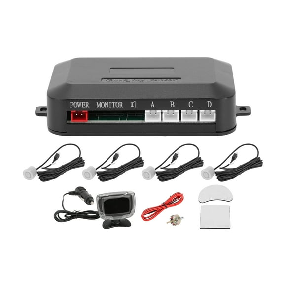 Sistema de radar de reversa para vehículos Unique Bargains con pantalla LCD de distancia, sensores de estacionamiento de reversa, detección de distancia, 4 sensores de estacionamiento, tono plateado