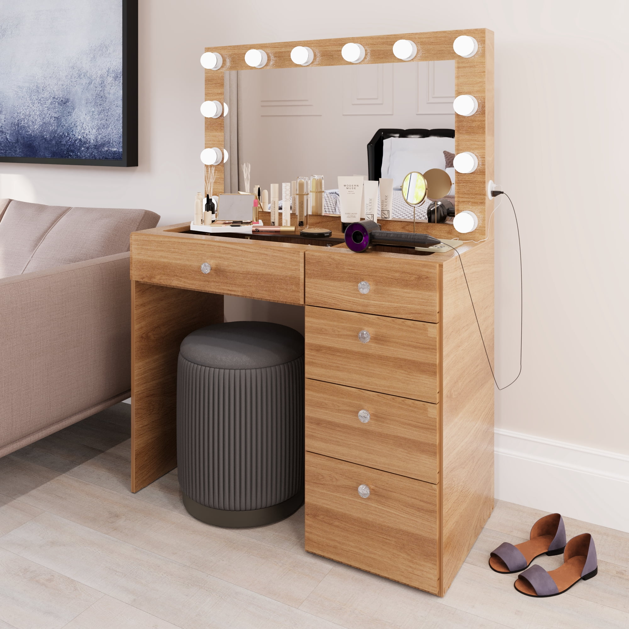 Ember Interiors Modern Brown Vanity Desk with Lights and Charging Station