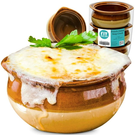 

[ 6 Packs ] French Onion Soup Crock - Brown and Ivory Premium Ceramic Porcelain Bowls Microwave Oven Safe For Soup Stews Chilis Baked Beans Mac and Cheese