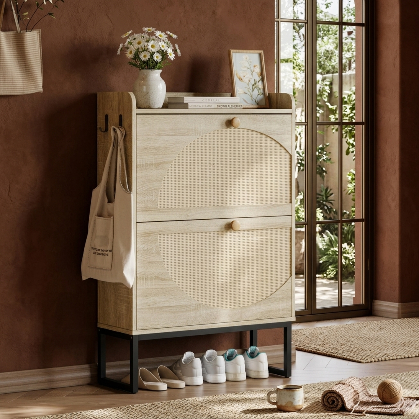 Fenbeli Shoe Cabinet with Woven Rattan Doors, Slim Natural Wood Organizer with Adjustable Shelves, Freestanding Shoe Storage for Entryway Hallway and Bedroom