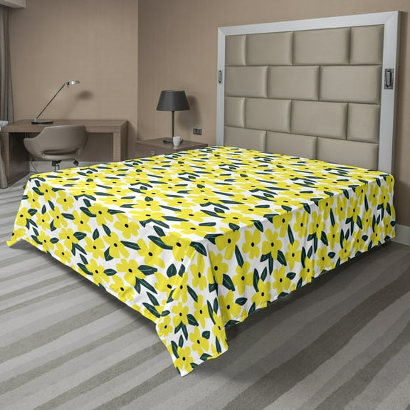 Floral Flat Sheet, Big Bold Flowers Summer Tone Colors Leaves Artwork on a Plain Background, Soft Comfortable Top Sheet Decorative Bedding 1 Piece, 6 Sizes, Yellow and Dark Teal, by Ambesonne